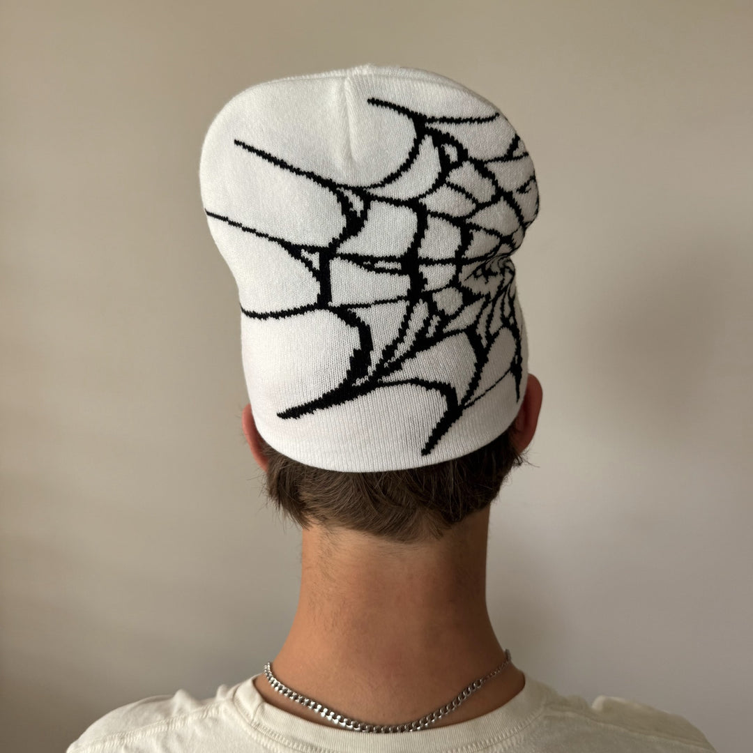 y2k 2000s white & black grunge gothic spiderweb beanie