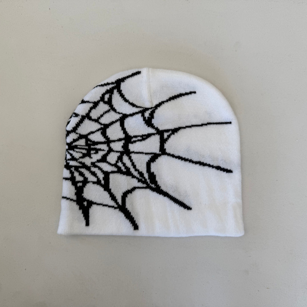y2k 2000s white & black grunge gothic spiderweb beanie