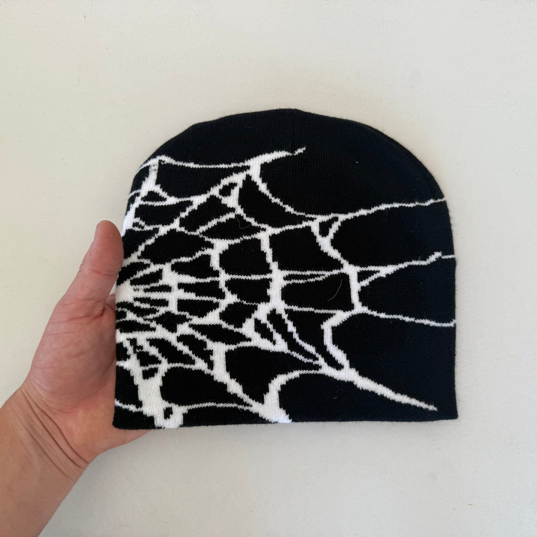 y2k 2000s black & white grunge gothic spiderweb beanie