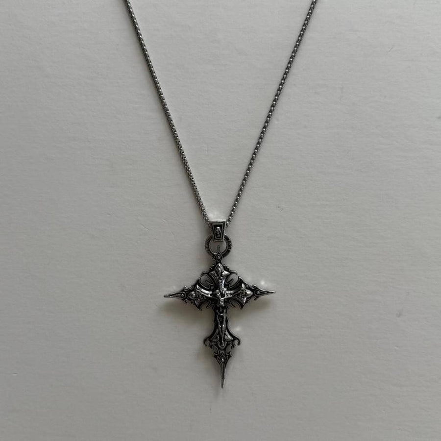 Y2K Silver Gothic Cross Necklace 20 Inch Unisex Pendant Streetwear Style