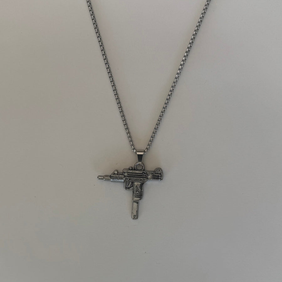 Y2K Silver Stainless Steel Uzi Necklace Urban Pendant Unisex Streetwear New