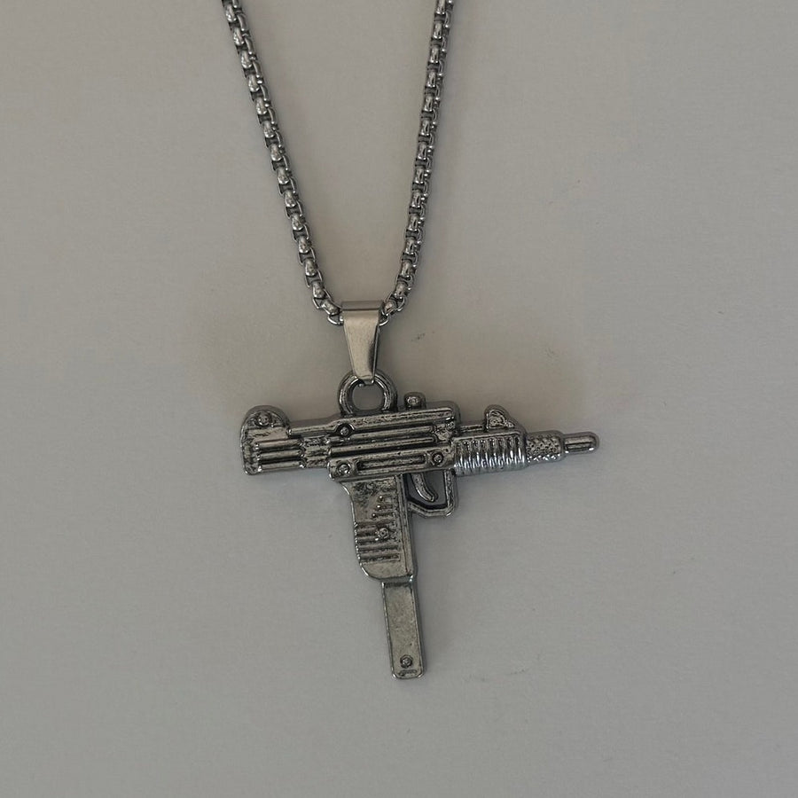 Y2K Silver Stainless Steel Uzi Necklace Urban Pendant Unisex Streetwear New
