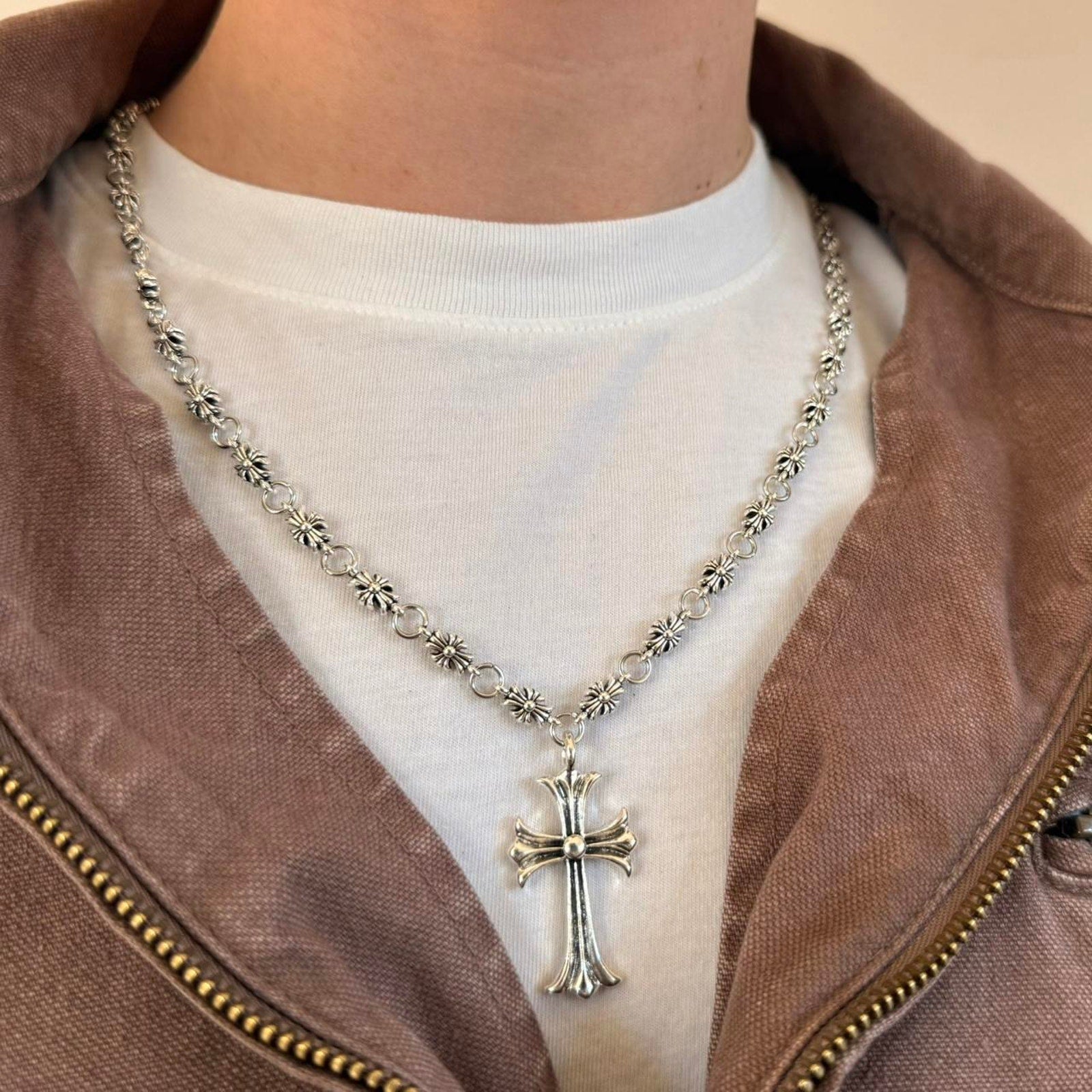 Silver Beaded Cross Pendant Necklace - Rynor