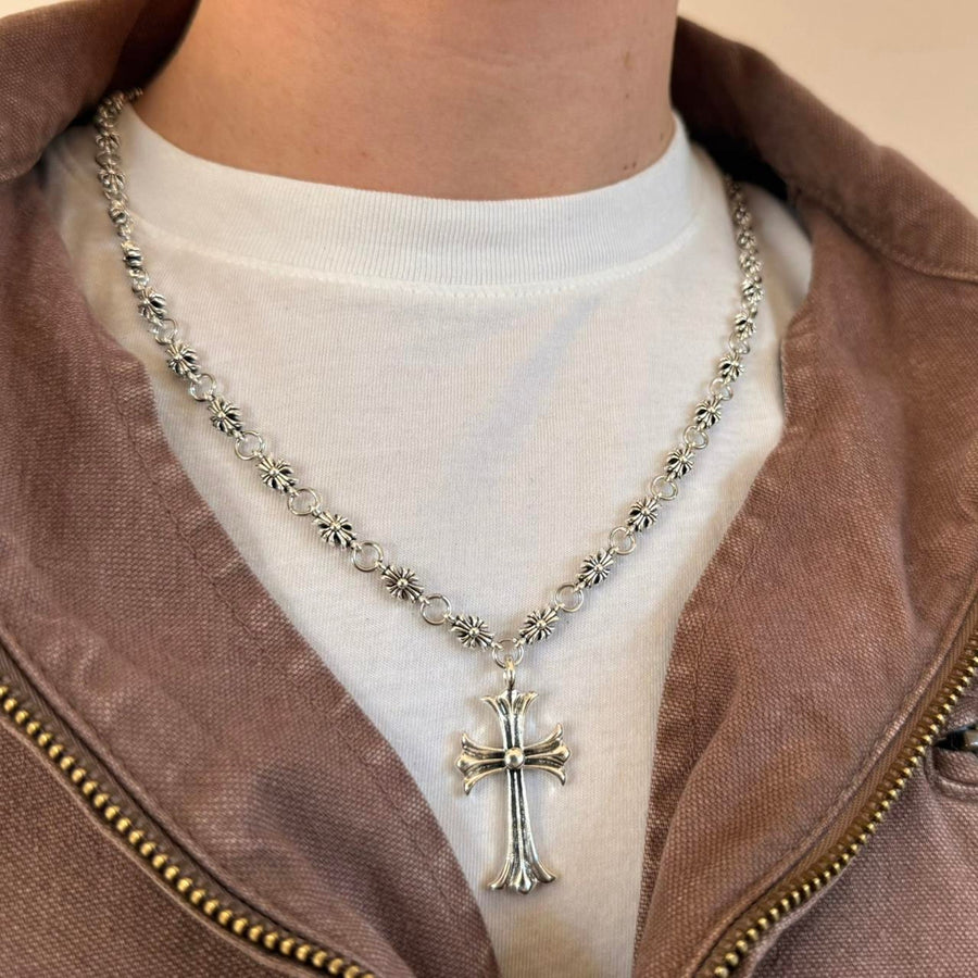 Silver Beaded Cross Pendant Necklace