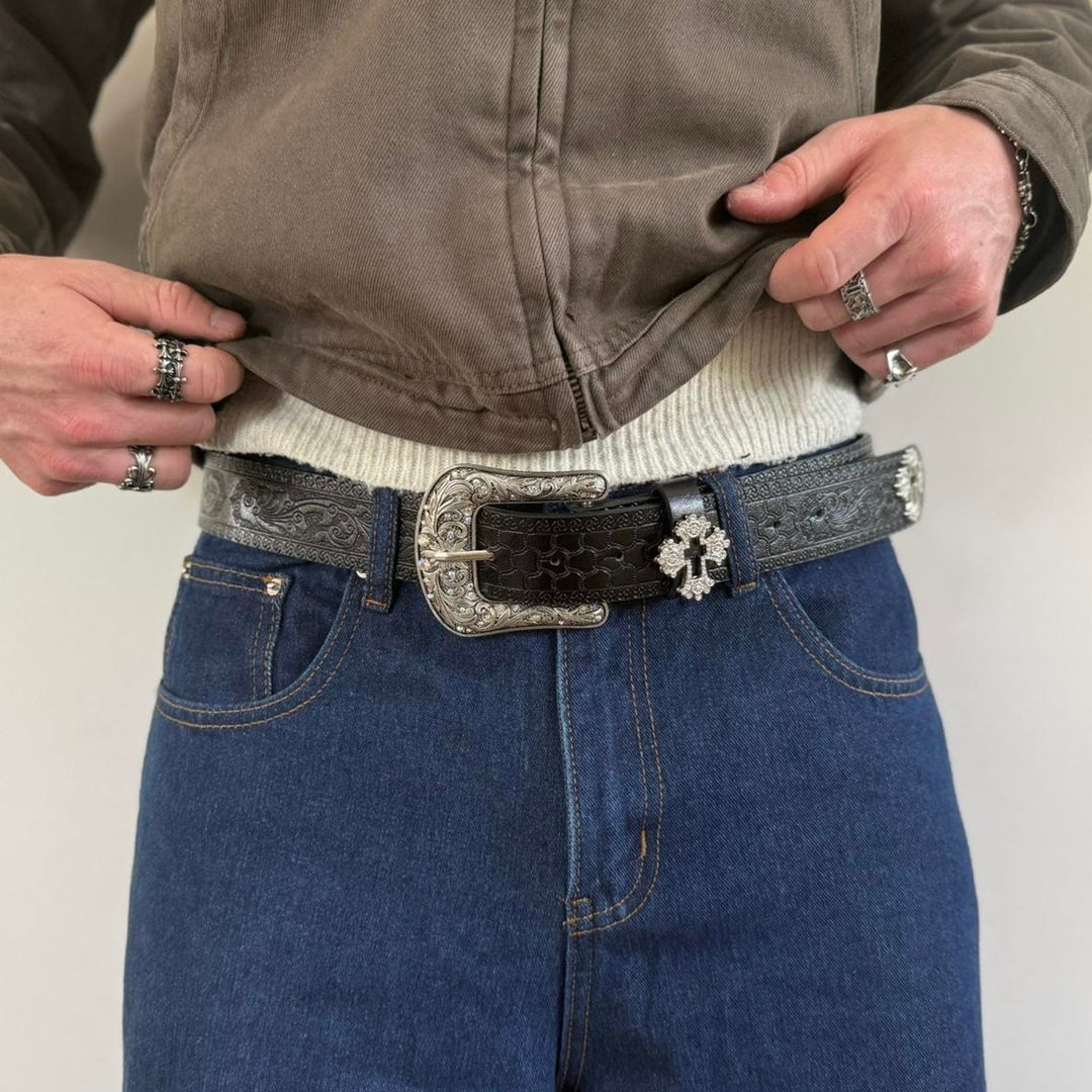 Black Silver Cross Western Belt - Rynor