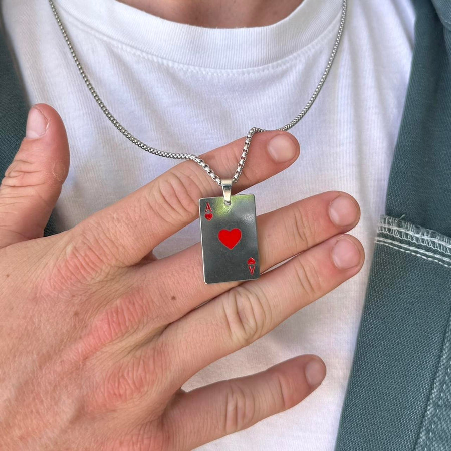 Y2K Silver Red Ace of Hearts Necklace Gothic Punk Pendant Unisex Statement New