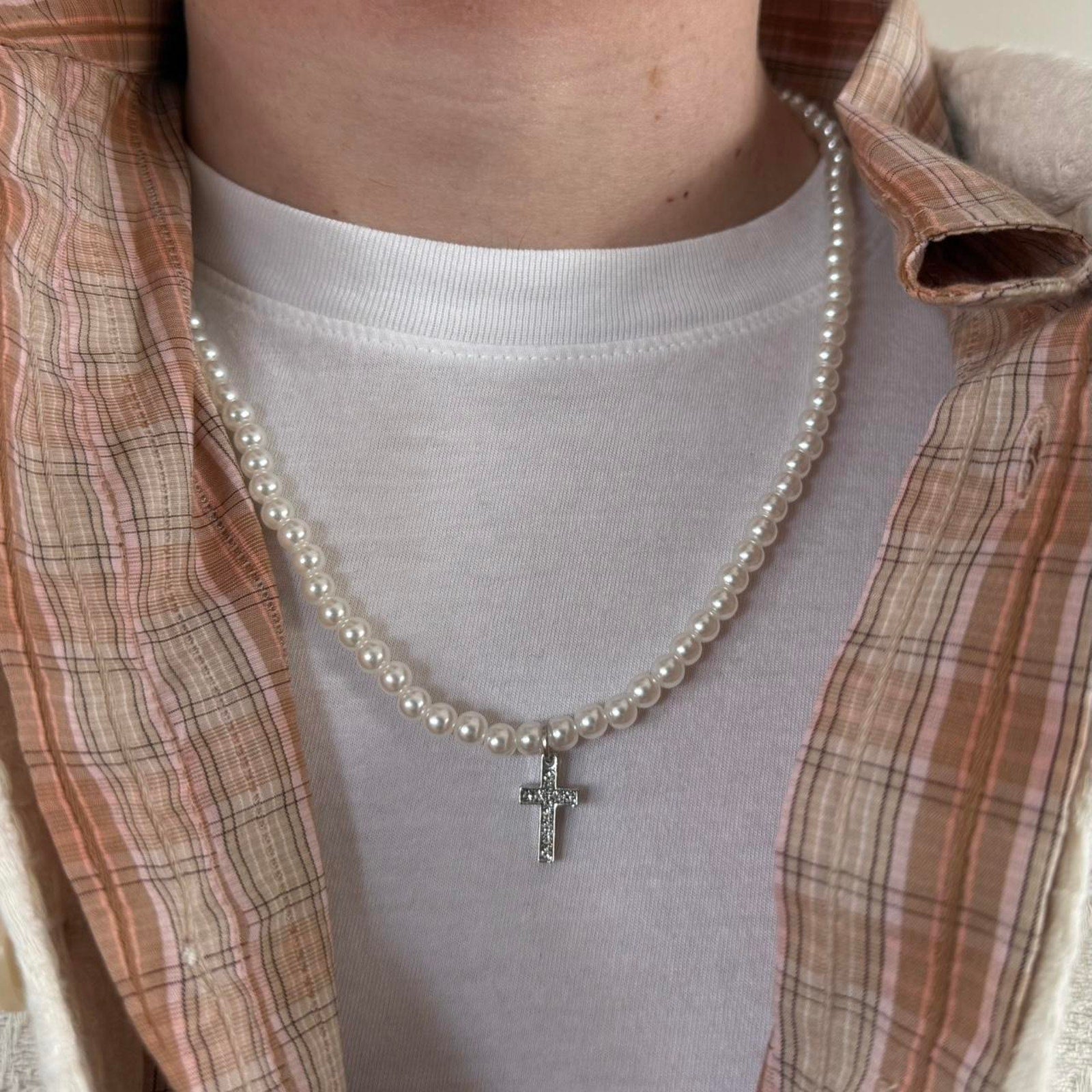 Pearl Bead Cross Necklace