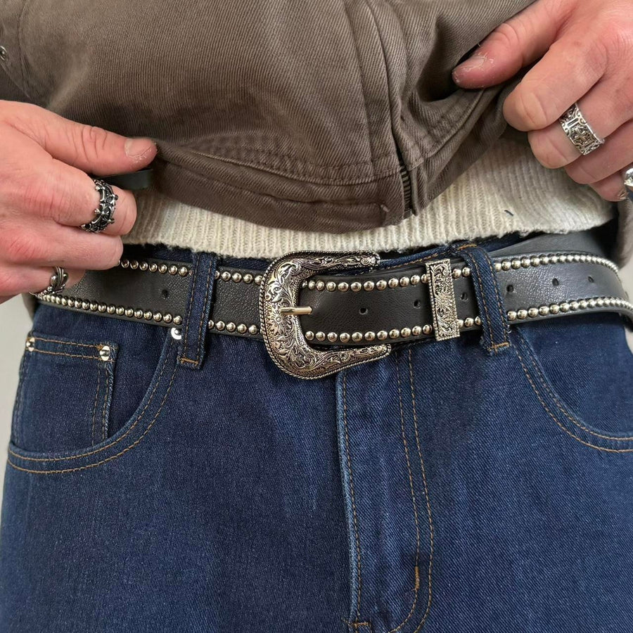 Black Studded Western Buckle Belt