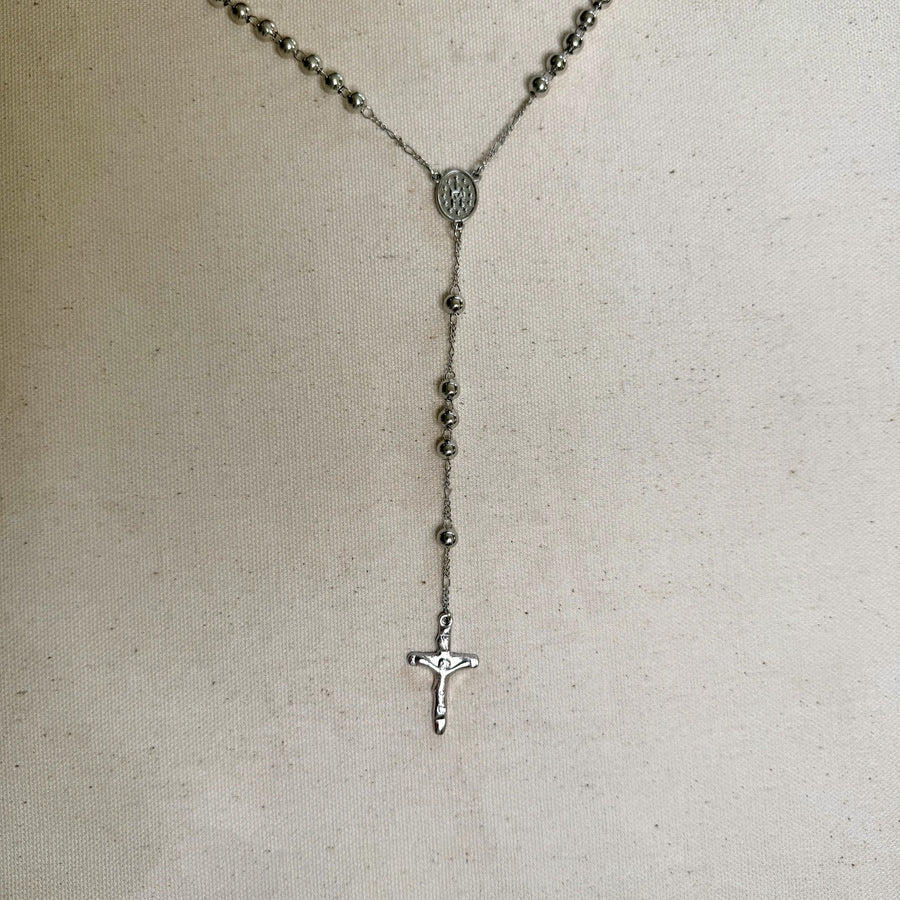 Y2K Silver Rosary Necklace with Cross Pendant Stainless Steel Unisex 19-21" New