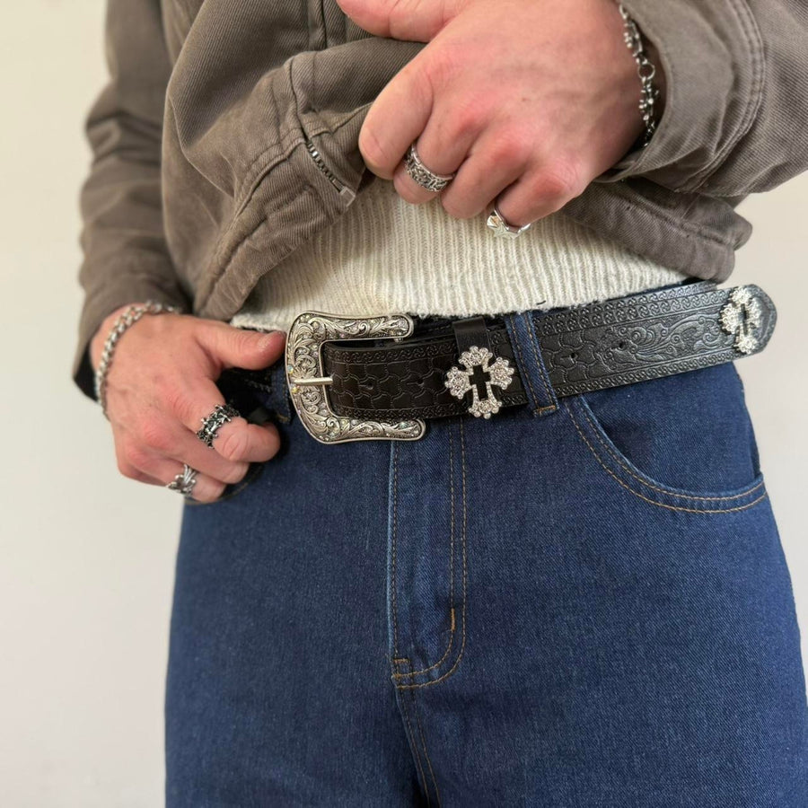 Black Silver Cross Western Belt