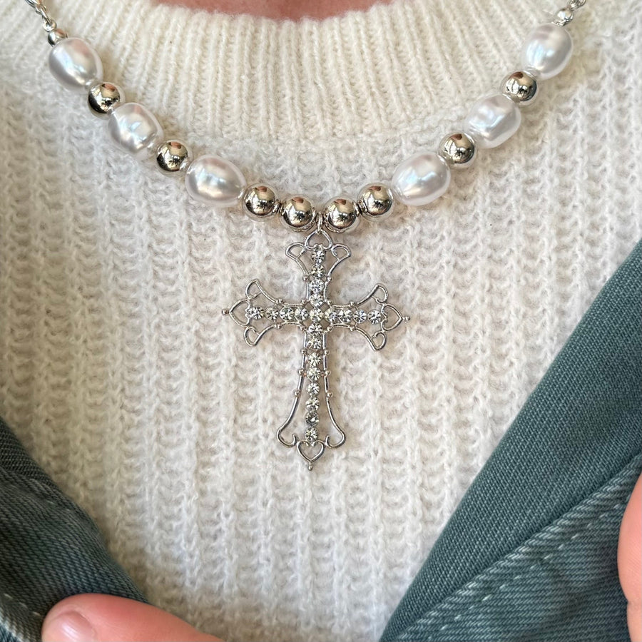 Beaded Pearl Cross Necklace