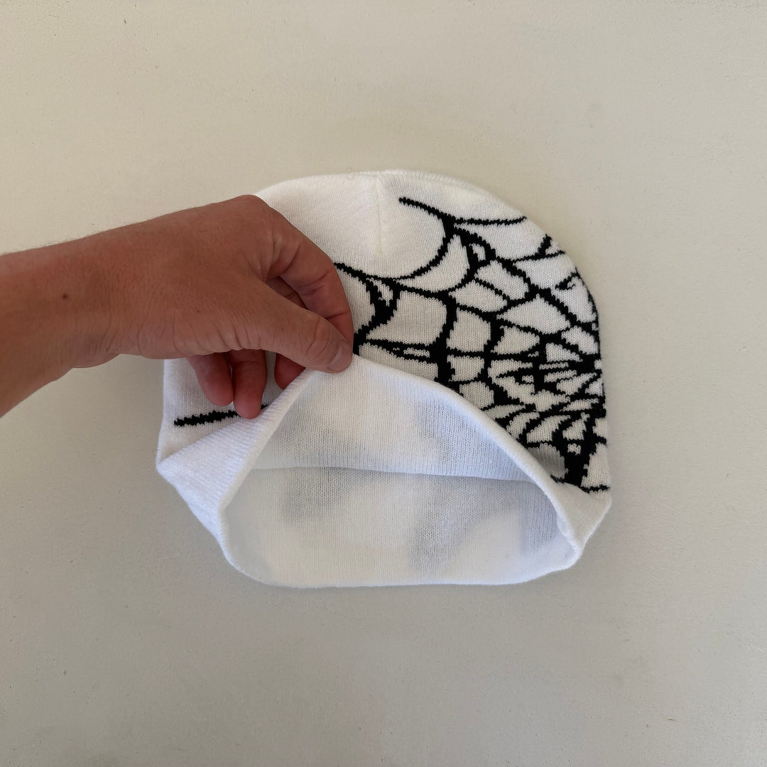 y2k 2000s white & black grunge gothic spiderweb beanie