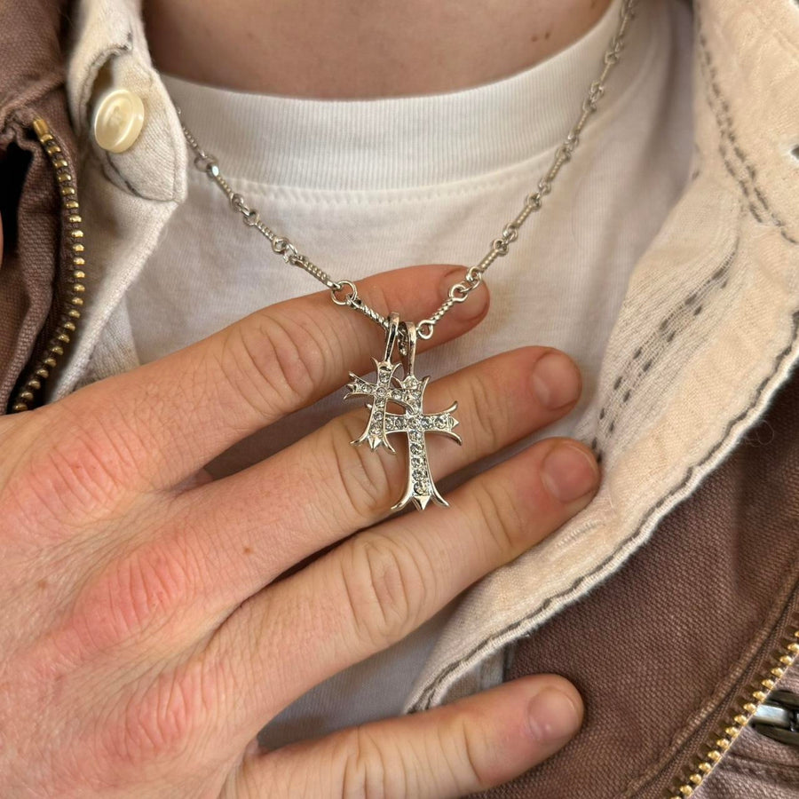 Silver Double Cross Pendant Necklace