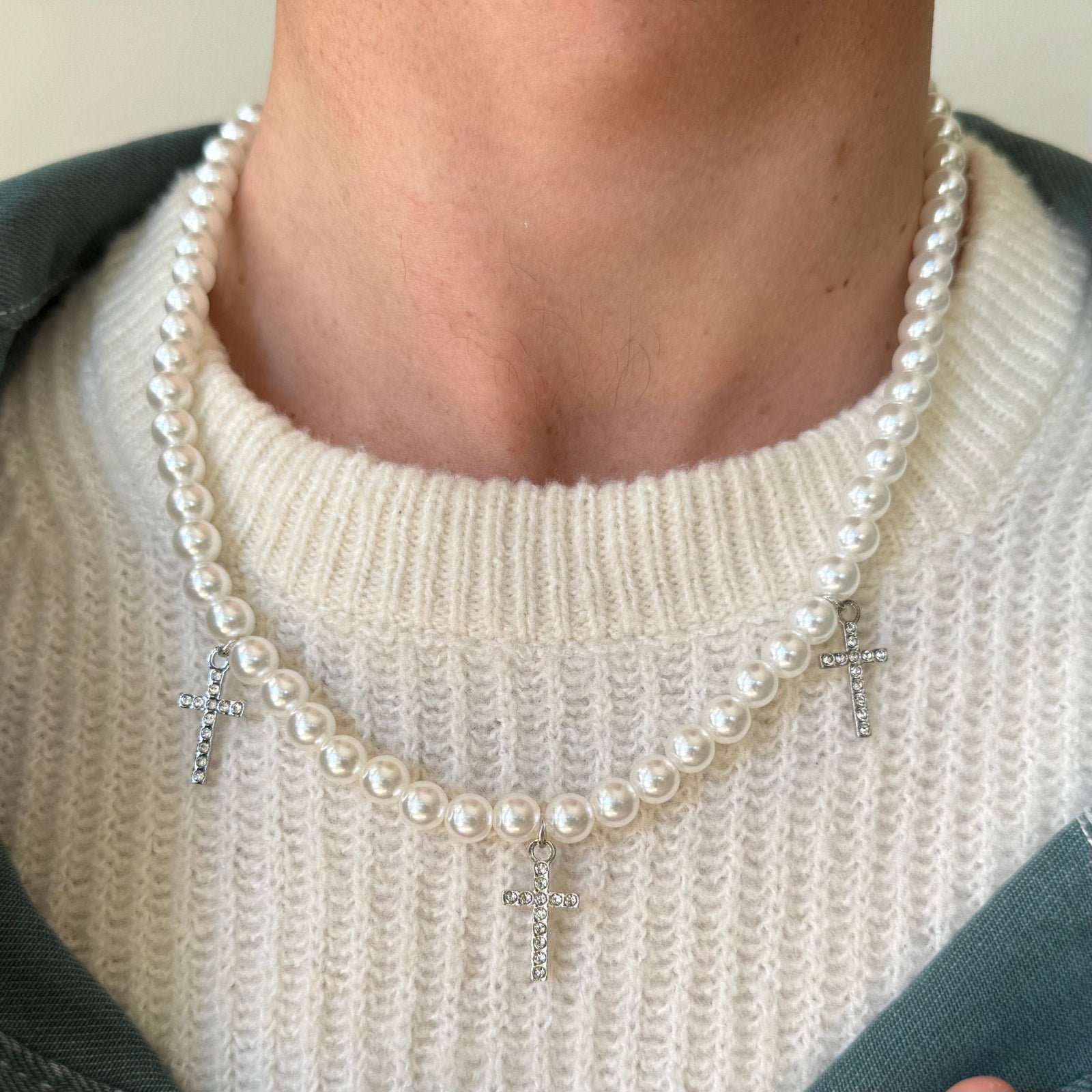 Pearl Bead Triple Cross Necklace