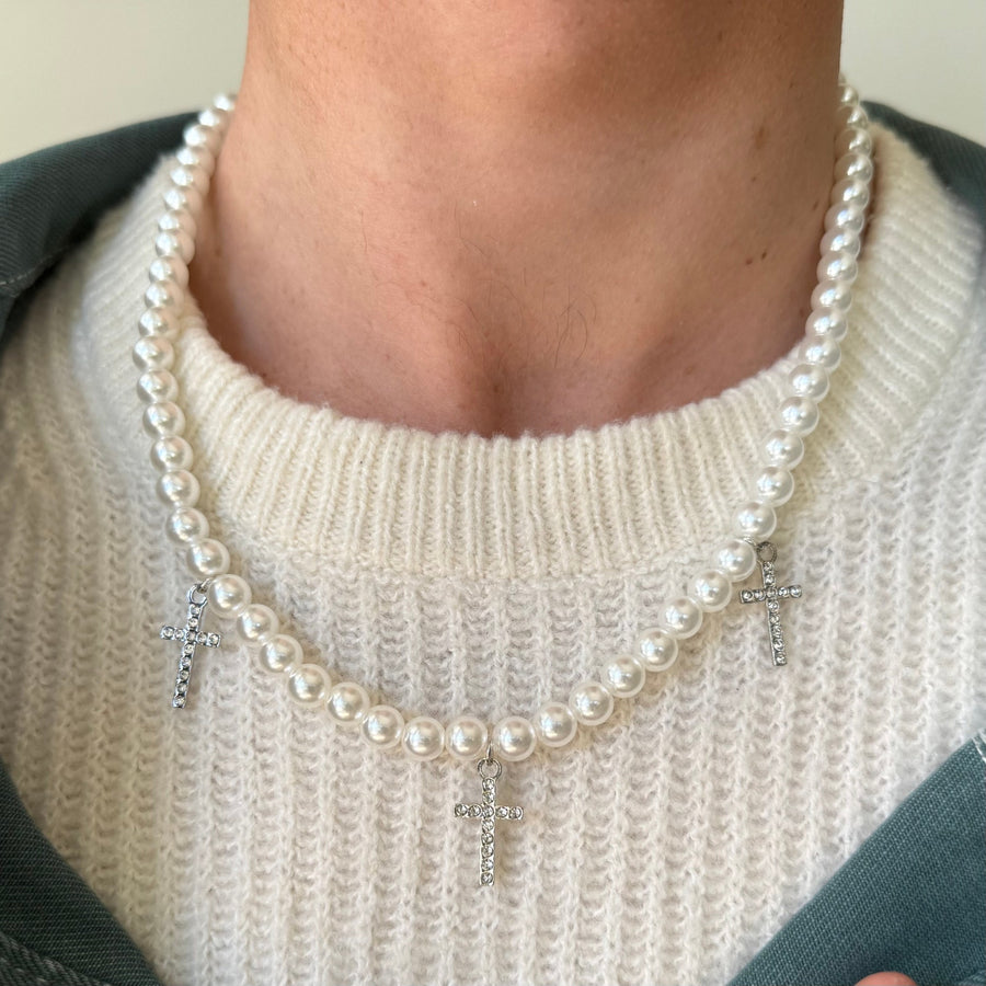 Pearl Bead Triple Cross Necklace