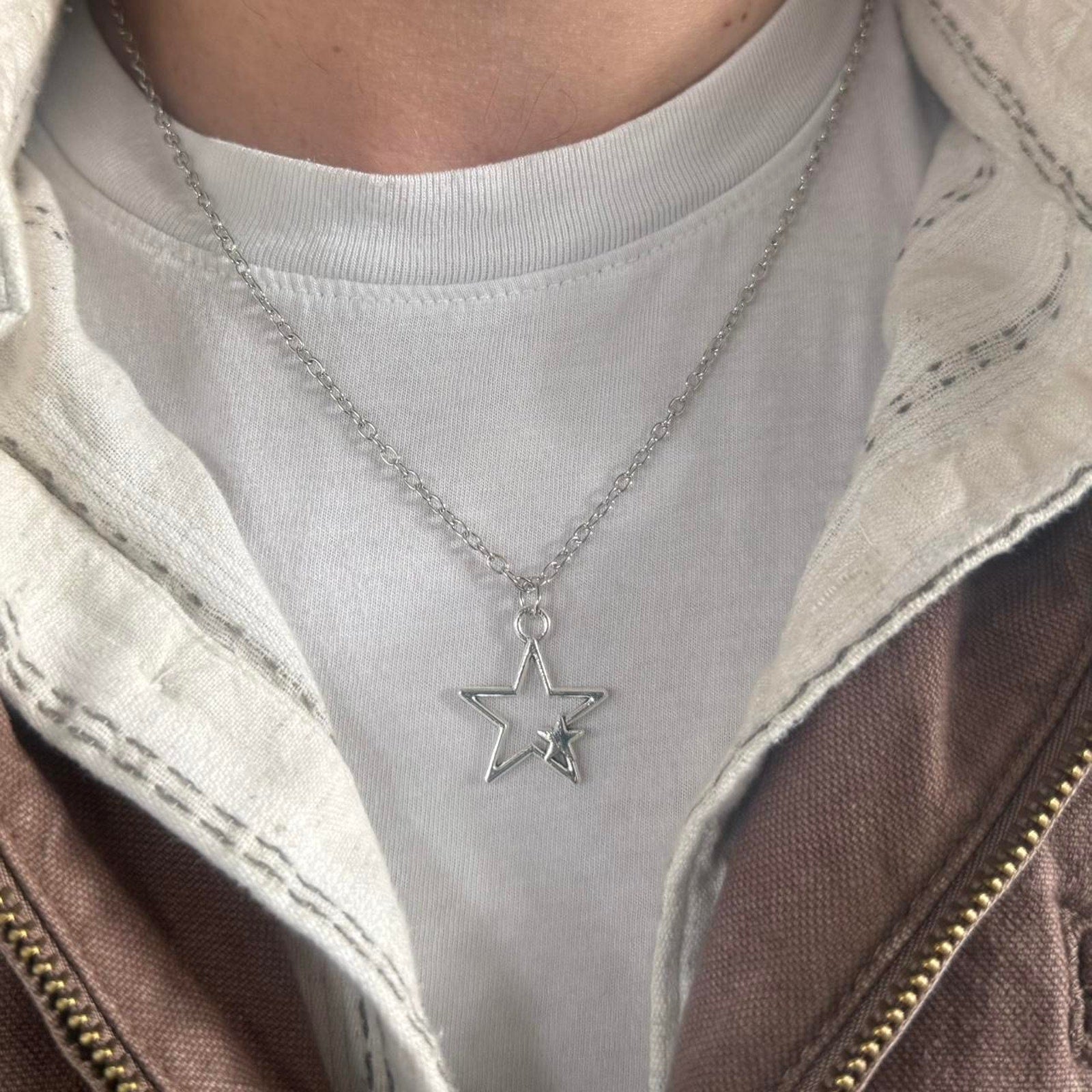 Y2K Vintage Silver Double Star Necklace 19 inches