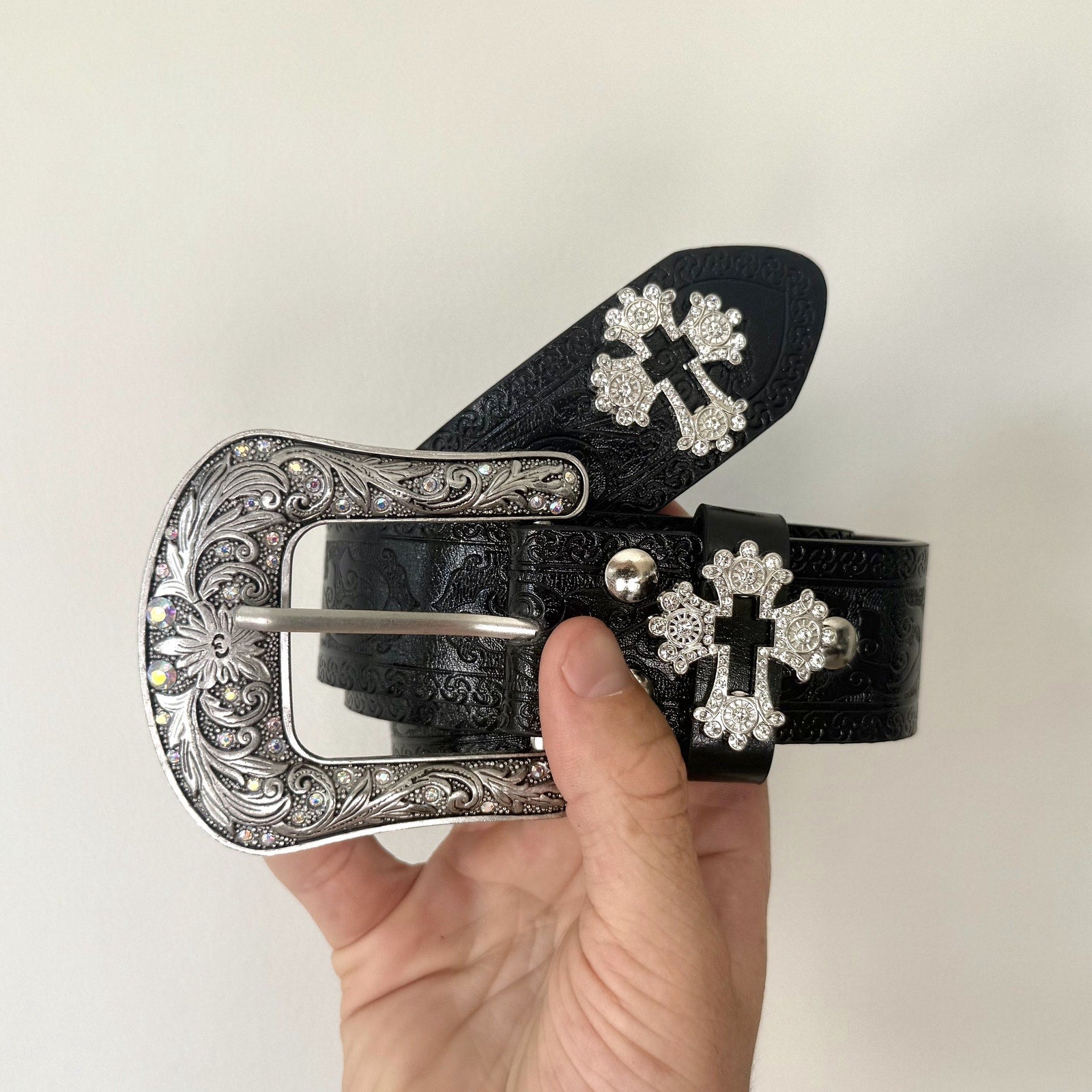 Black Silver Cross Western Belt