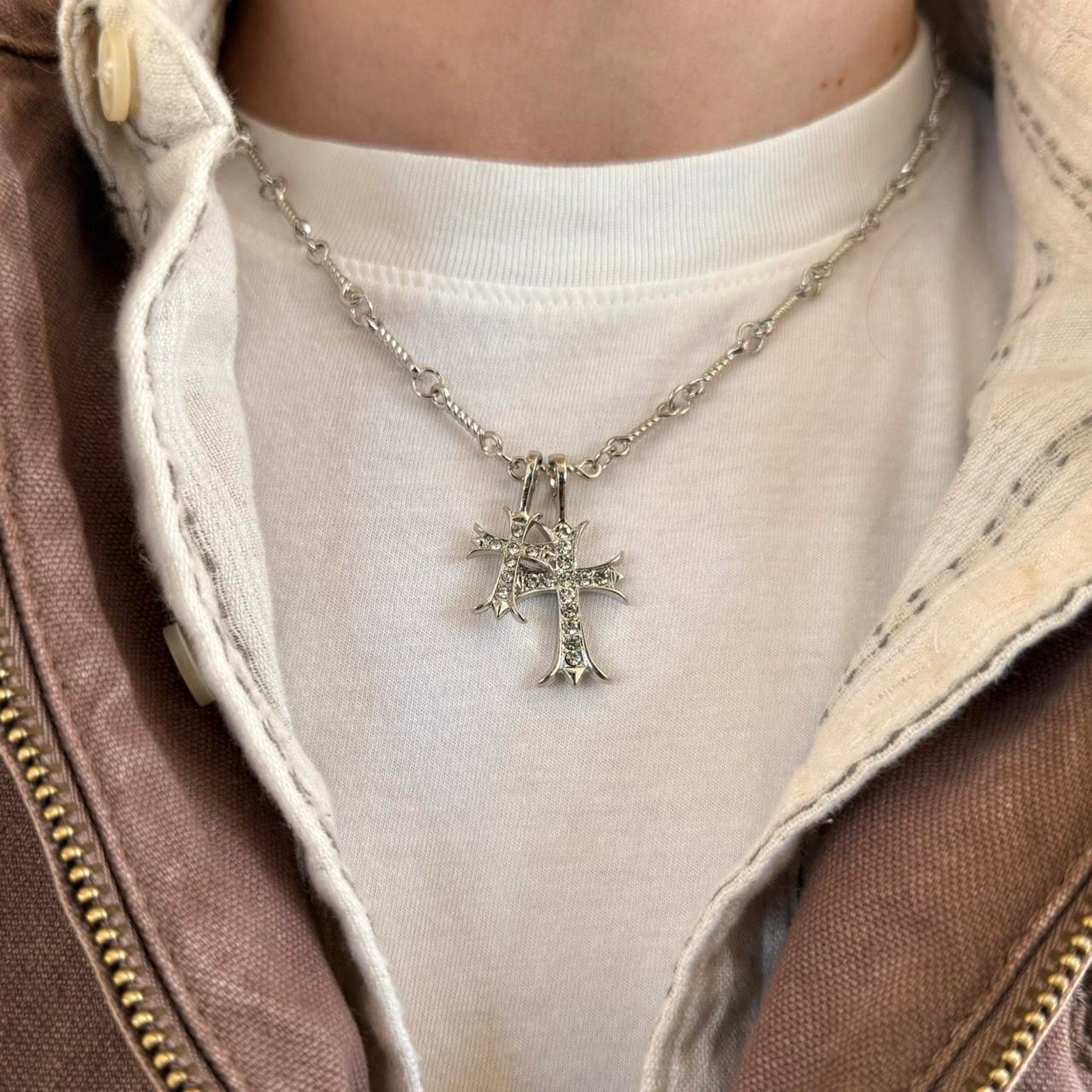 Silver Double Cross Pendant Necklace