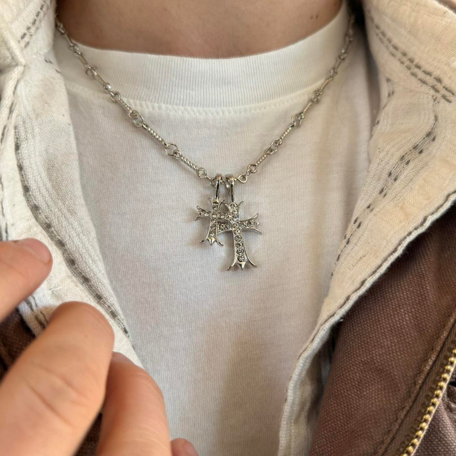 Silver Double Cross Pendant Necklace
