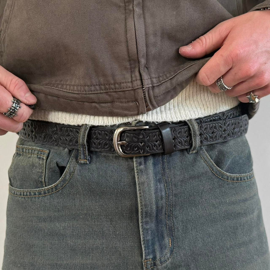 Black Embossed Leather Belt