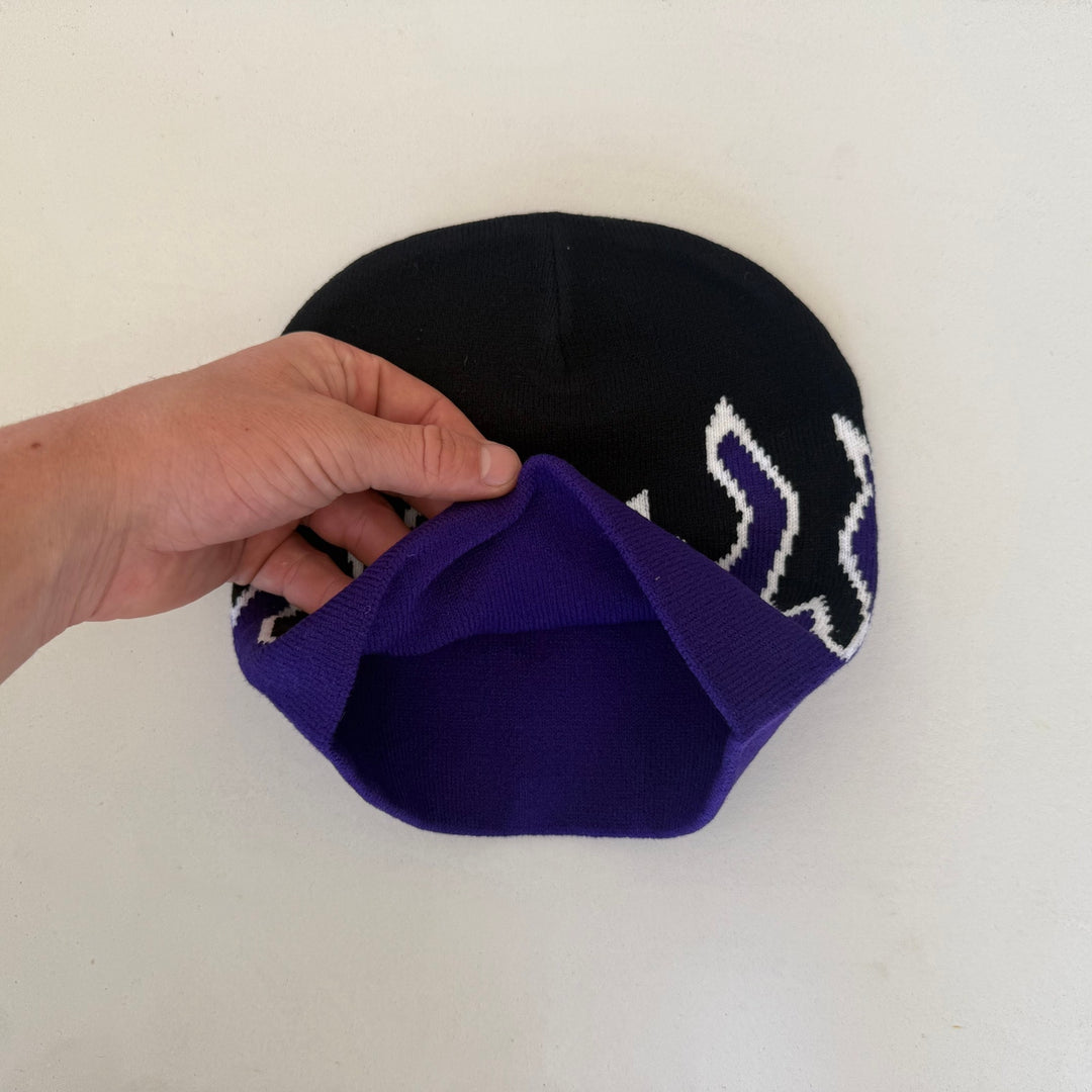 grunge gothic punk flame black and purple beanie