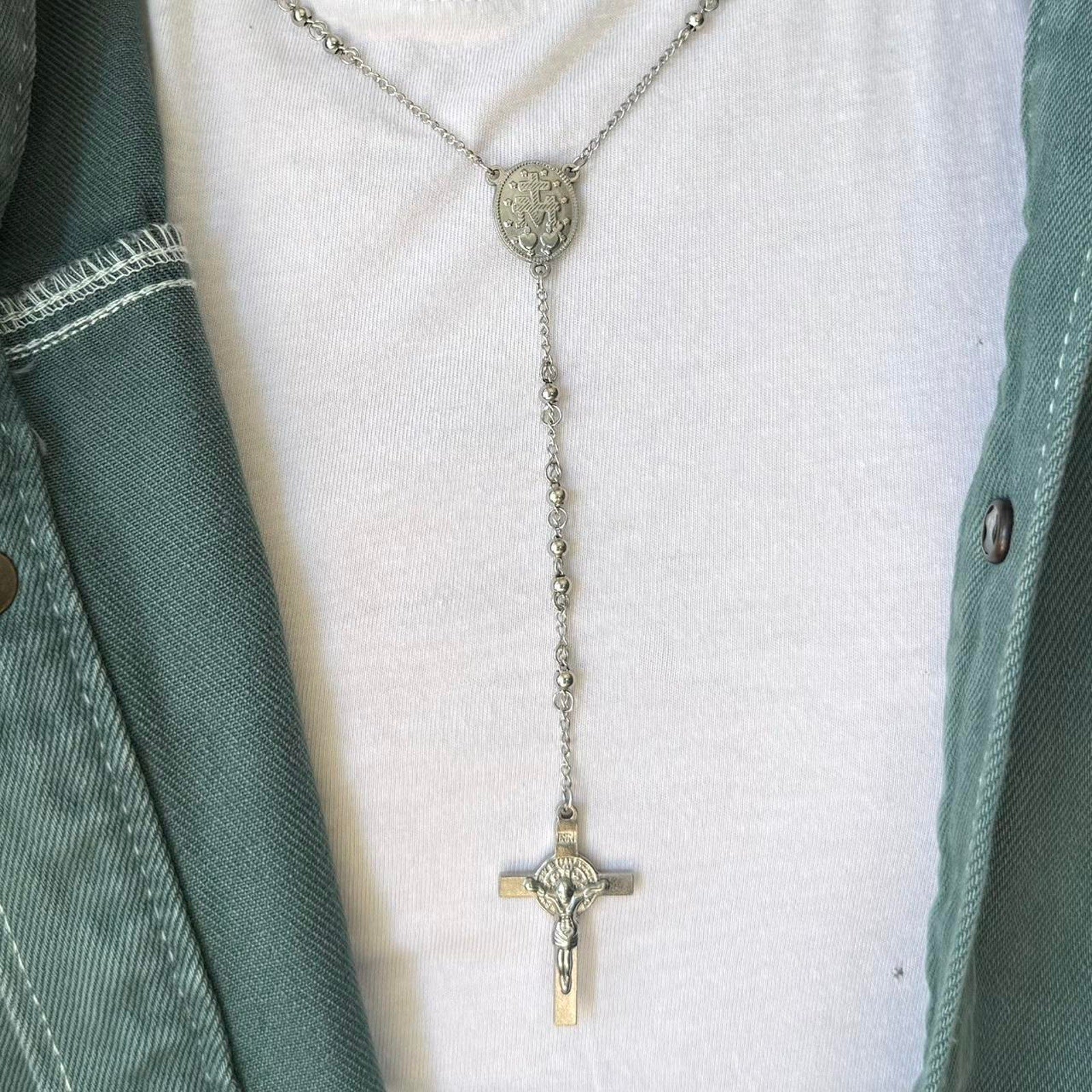 Y2K Silver Rosary Necklace with Cross Pendant Stainless Steel Unisex 19-21" New