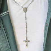 Y2K Silver Rosary Necklace with Cross Pendant Stainless Steel Unisex 19-21" New