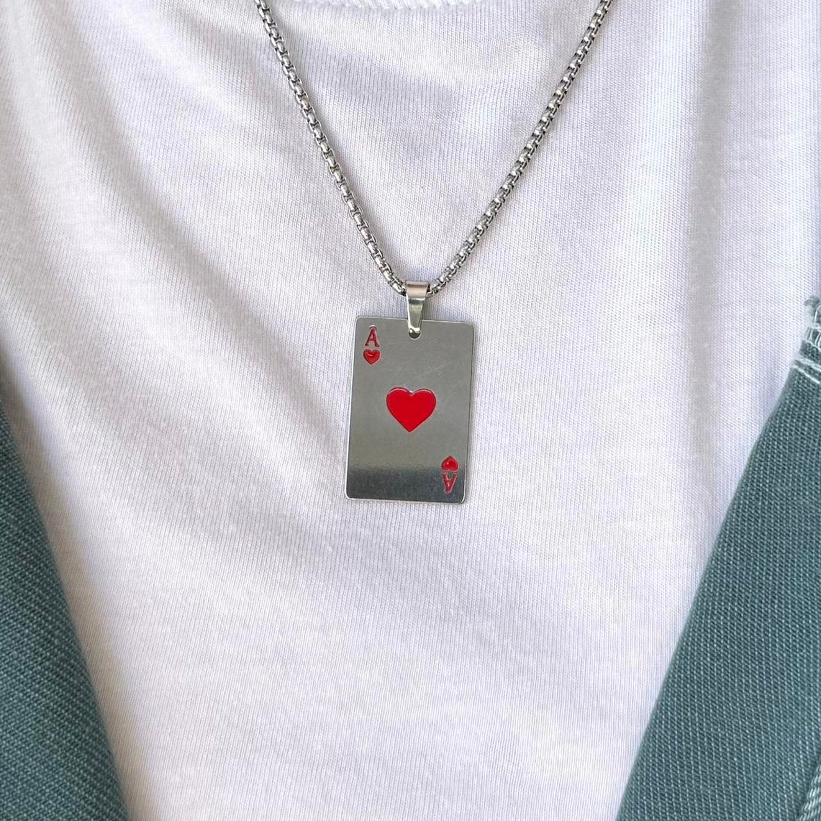 Y2K Silver Red Ace of Hearts Necklace Gothic Punk Pendant Unisex Statement New