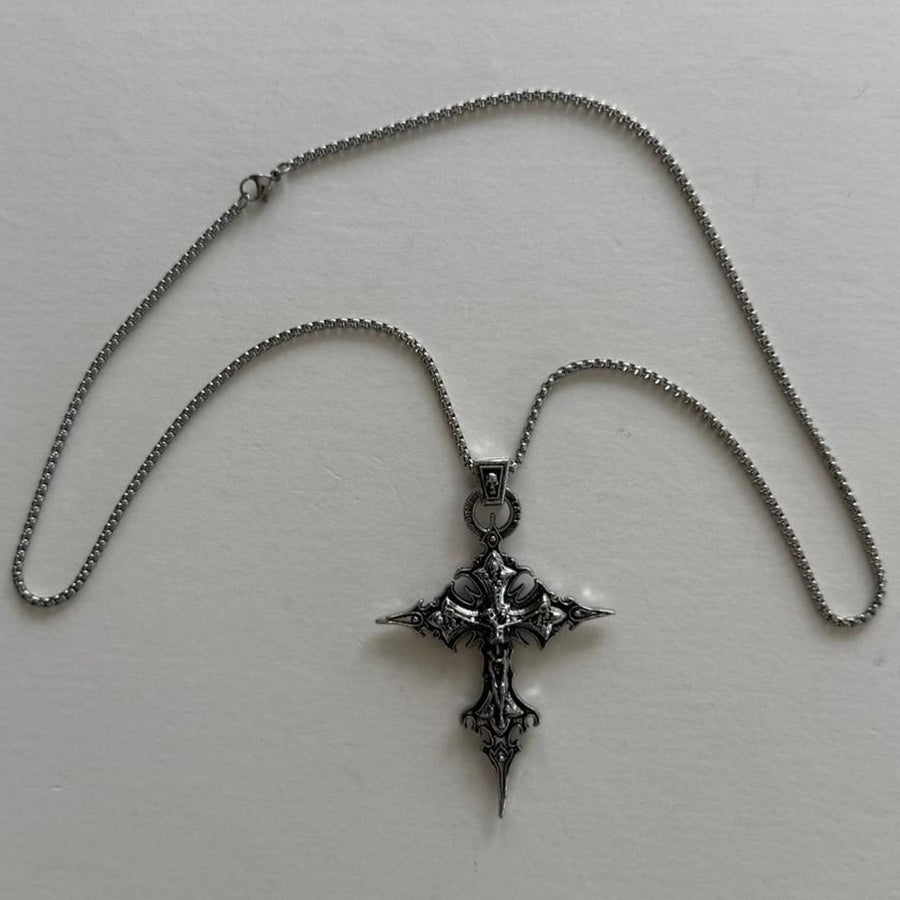 Y2K Silver Gothic Cross Necklace 20 Inch Unisex Pendant Streetwear Style