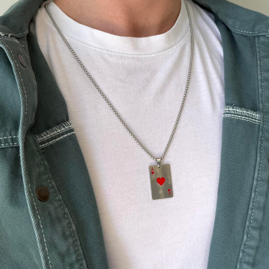 Y2K Silver Red Ace of Hearts Necklace Gothic Punk Pendant Unisex Statement New