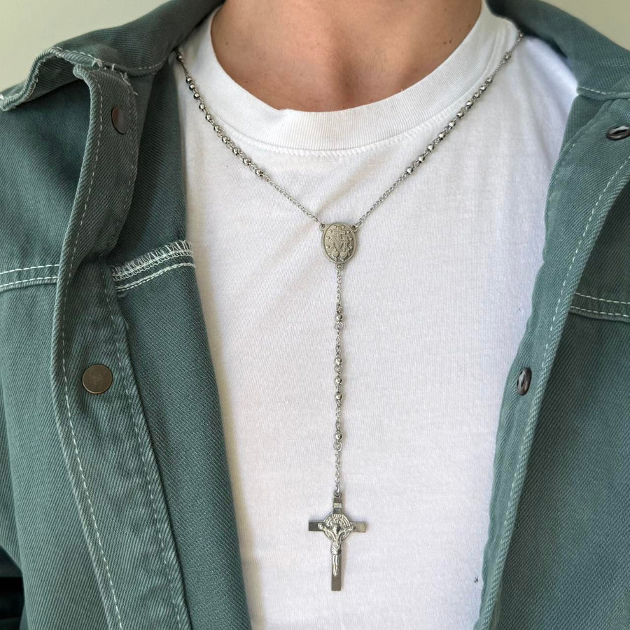 Y2K Silver Rosary Necklace with Cross Pendant Stainless Steel Unisex 19-21" New