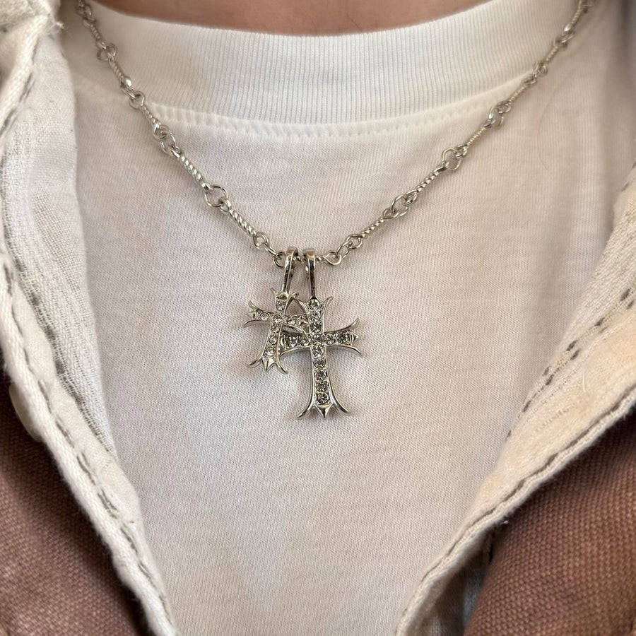 Silver Double Cross Pendant Necklace