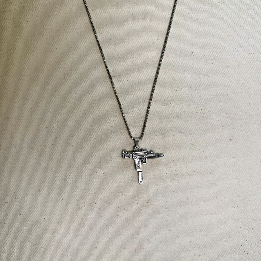 Y2K Silver Stainless Steel Uzi Necklace Urban Pendant Unisex Streetwear New