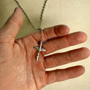 Y2K Silver Rosary Necklace with Cross Pendant Stainless Steel Unisex 19-21" New