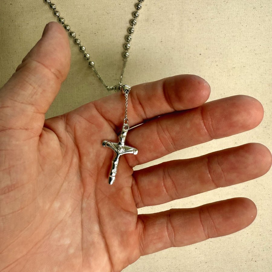 Y2K Silver Rosary Necklace with Cross Pendant Stainless Steel Unisex 19-21" New