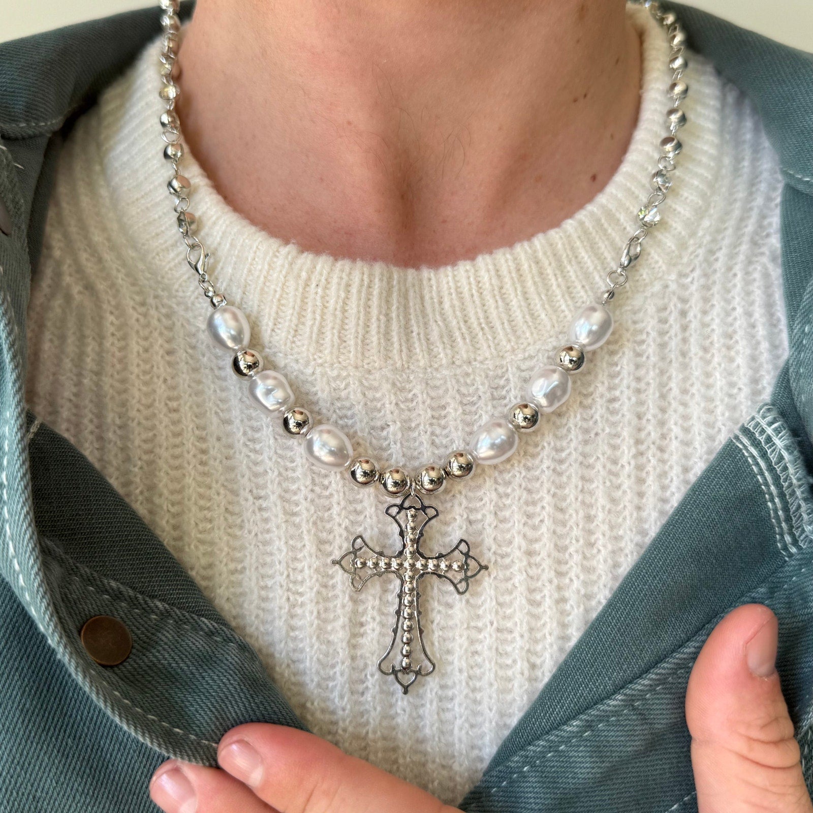 Beaded Pearl Cross Necklace