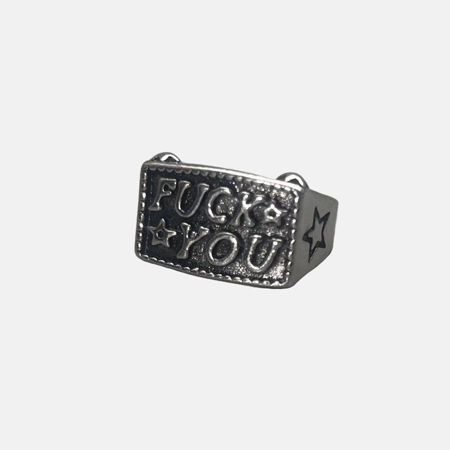 Silver Block Text Ring