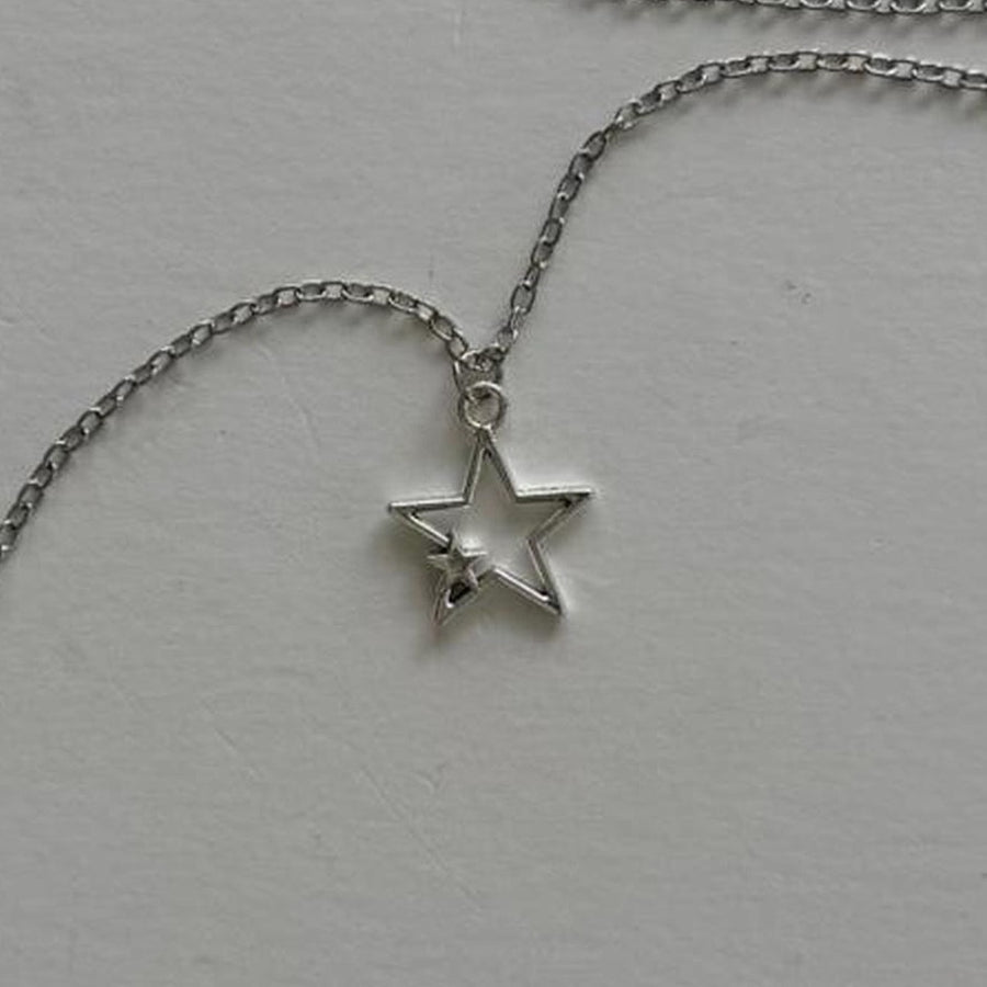 Y2K Vintage Silver Double Star Necklace 19 inches