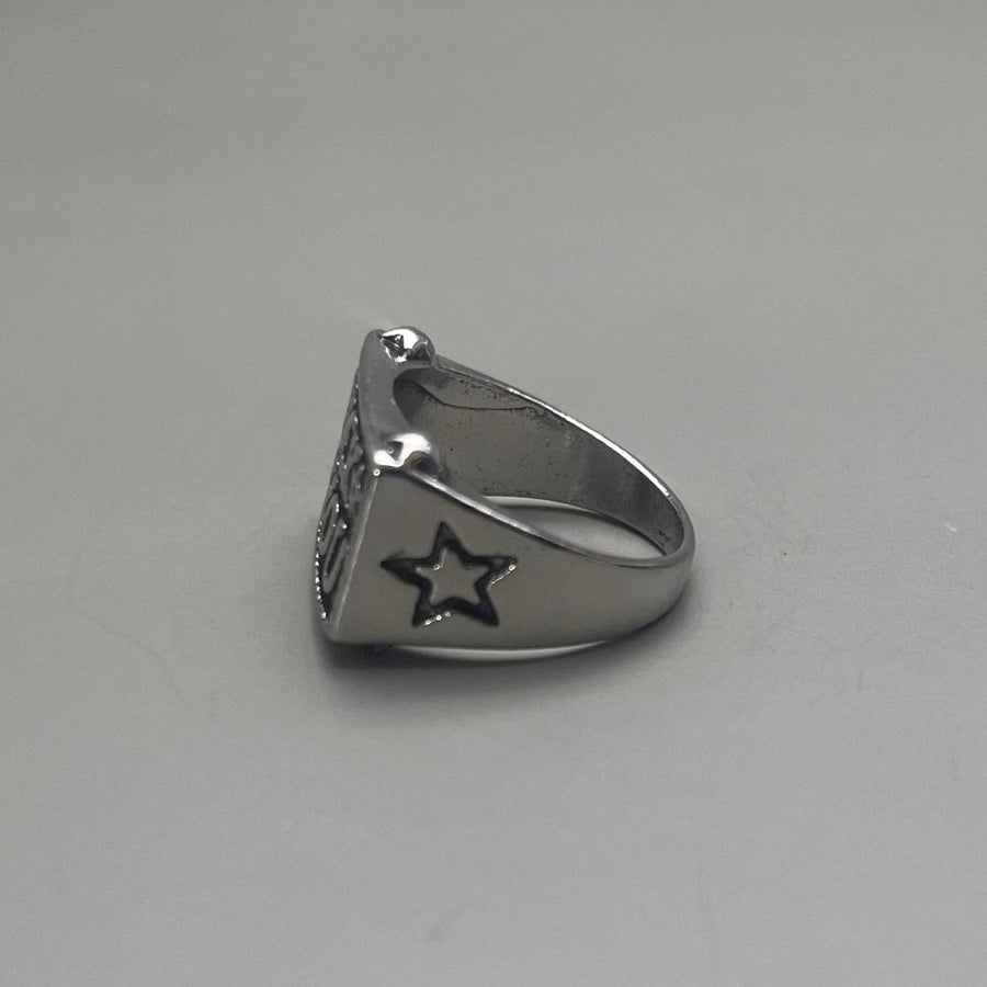 Silver Block Text Ring