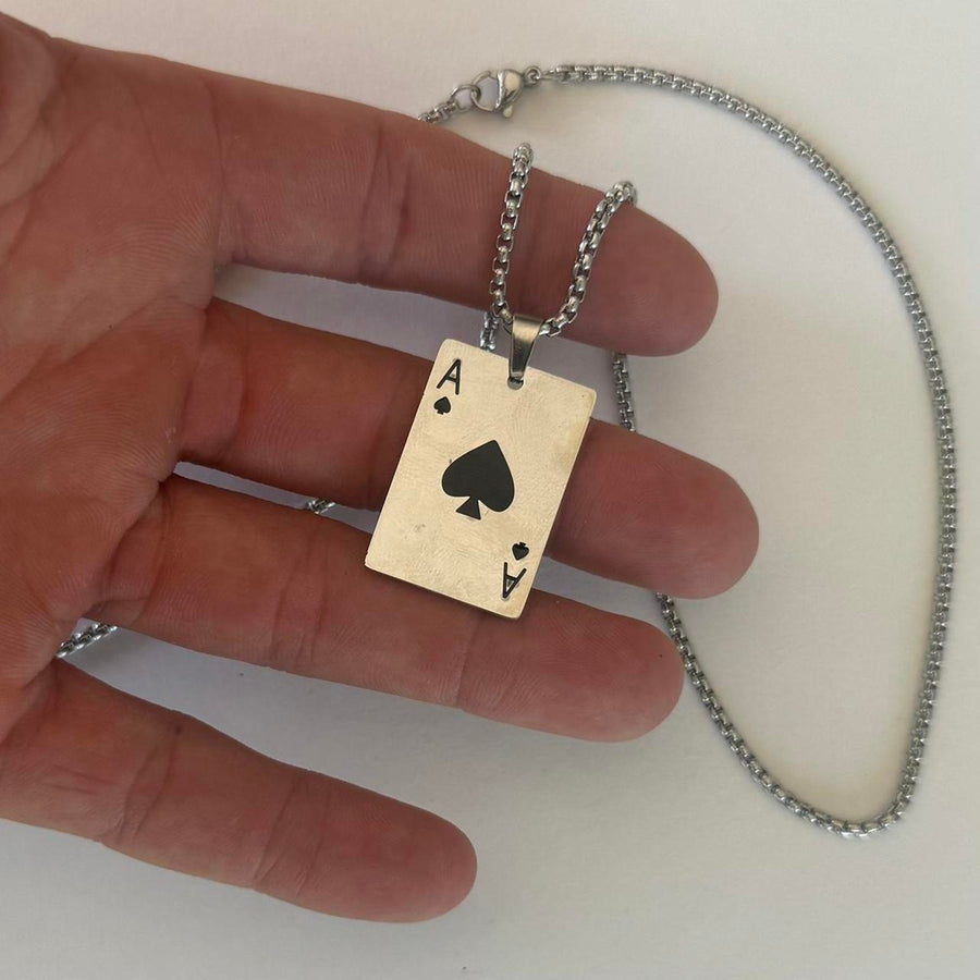 Y2K Silver Tone Ace of Spades Necklace 22" Chain Unisex Statement Punk New