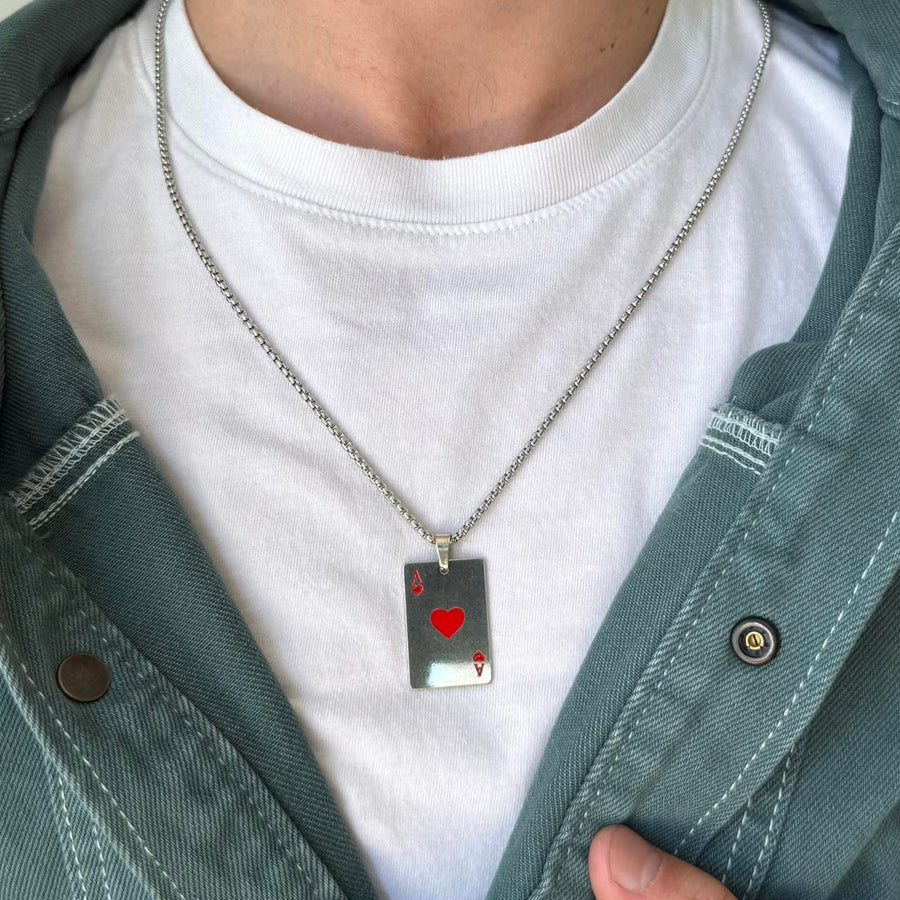 Y2K Silver Red Ace of Hearts Necklace Gothic Punk Pendant Unisex Statement New