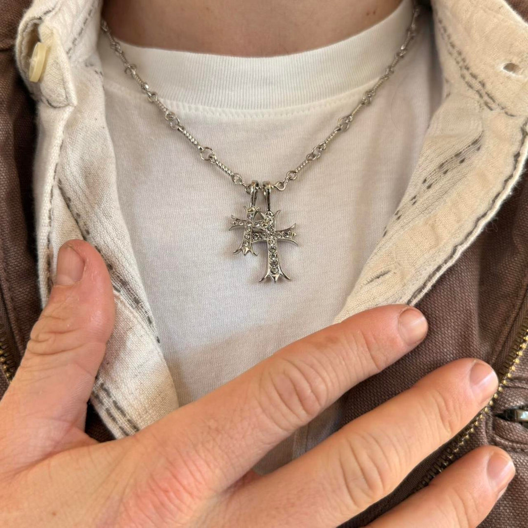 Silver Double Cross Pendant Necklace - Rynor