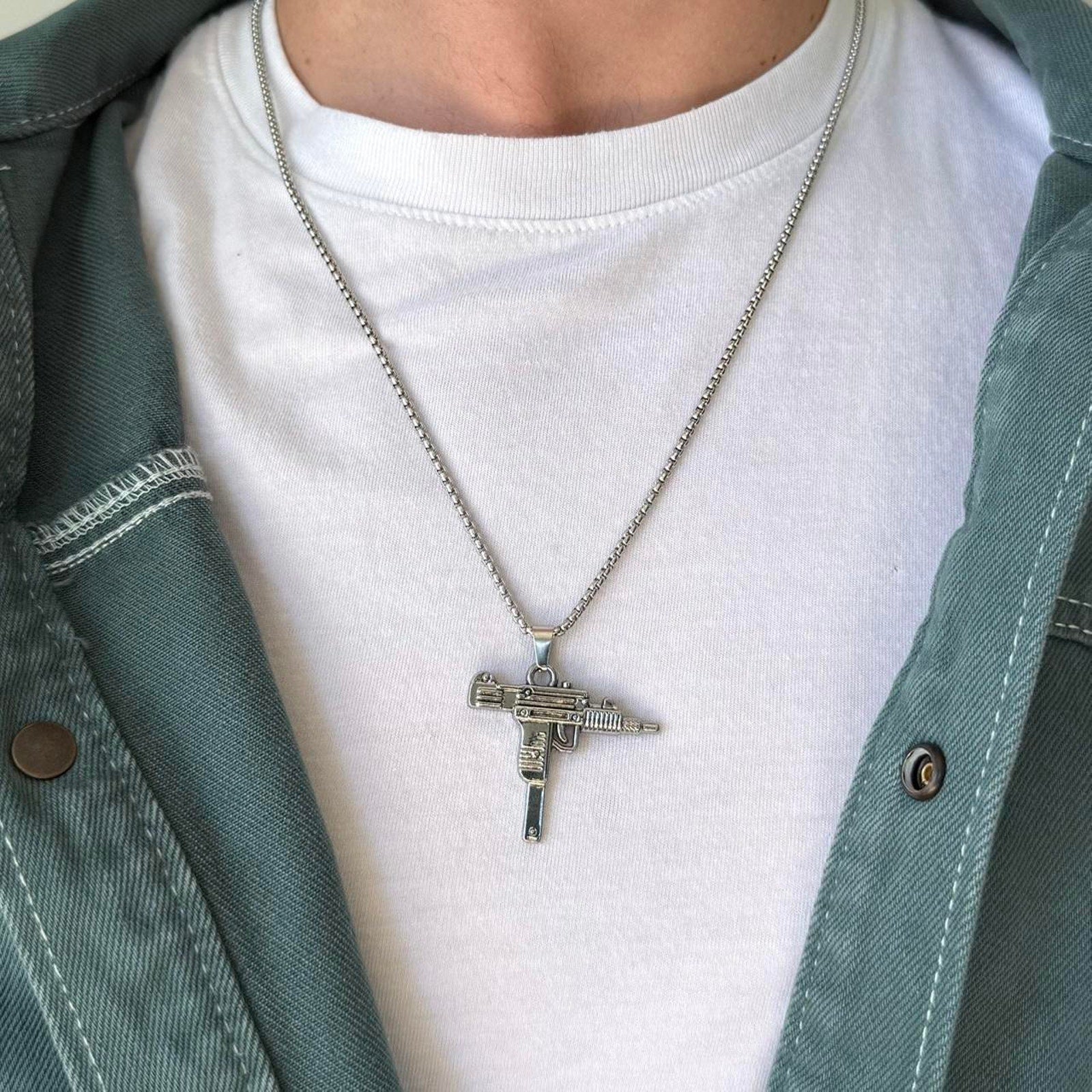 Y2K Silver Stainless Steel Uzi Necklace Urban Pendant Unisex Streetwear New