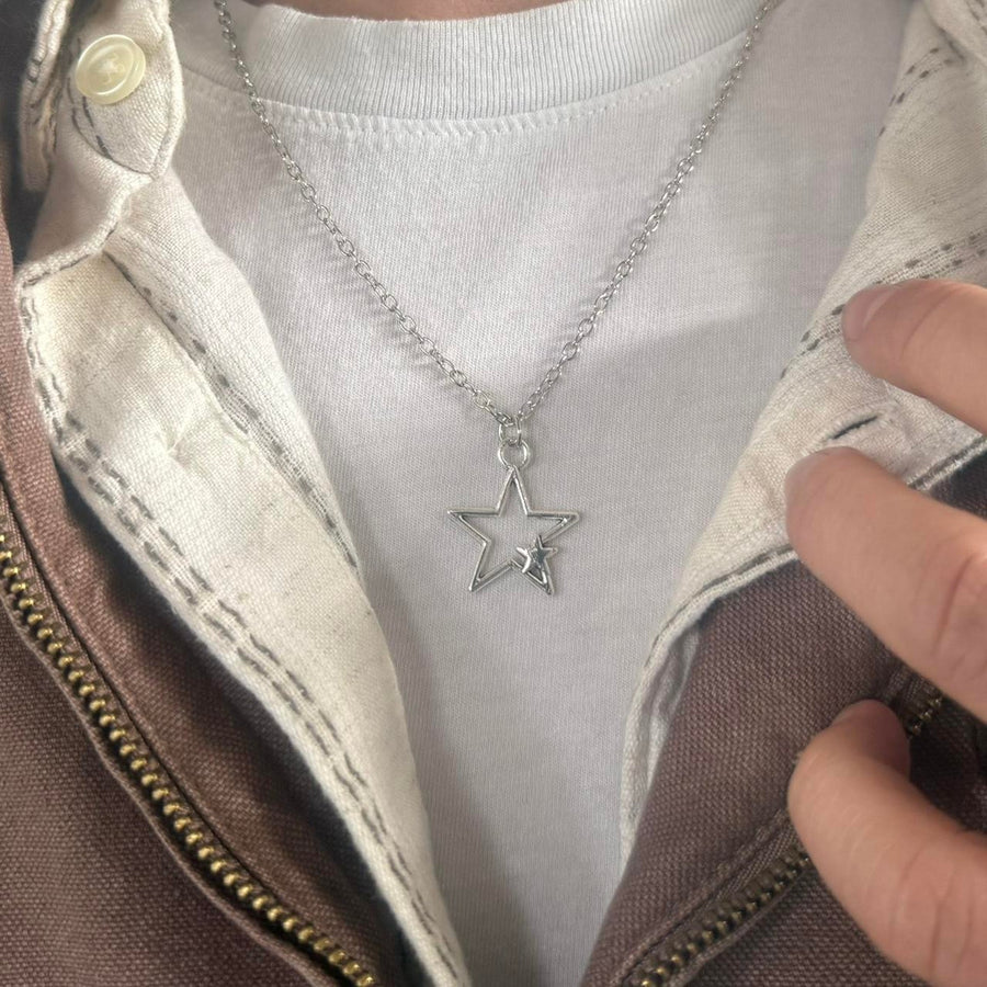 Y2K Vintage Silver Double Star Necklace 19 inches