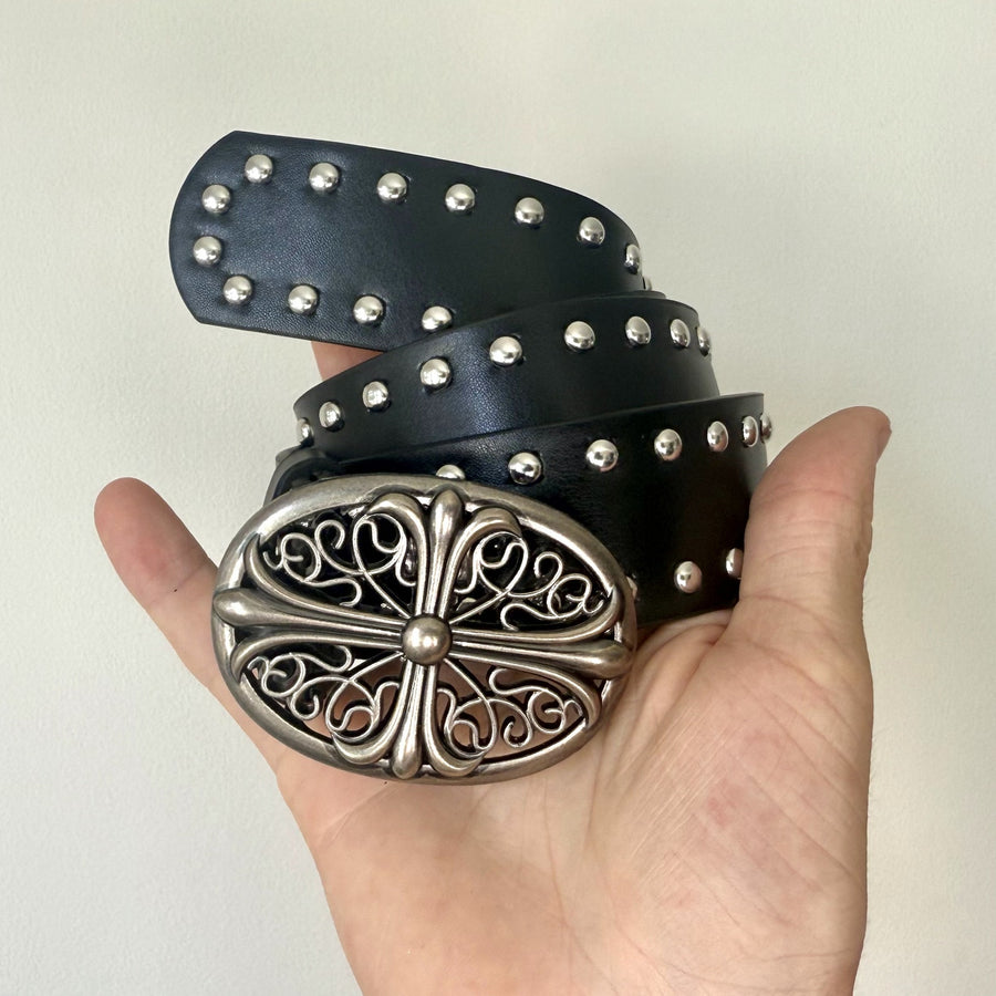 Black Studded Oval Buckle Belt
