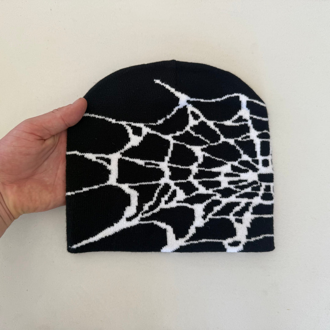 y2k 2000s black & white grunge gothic spiderweb beanie