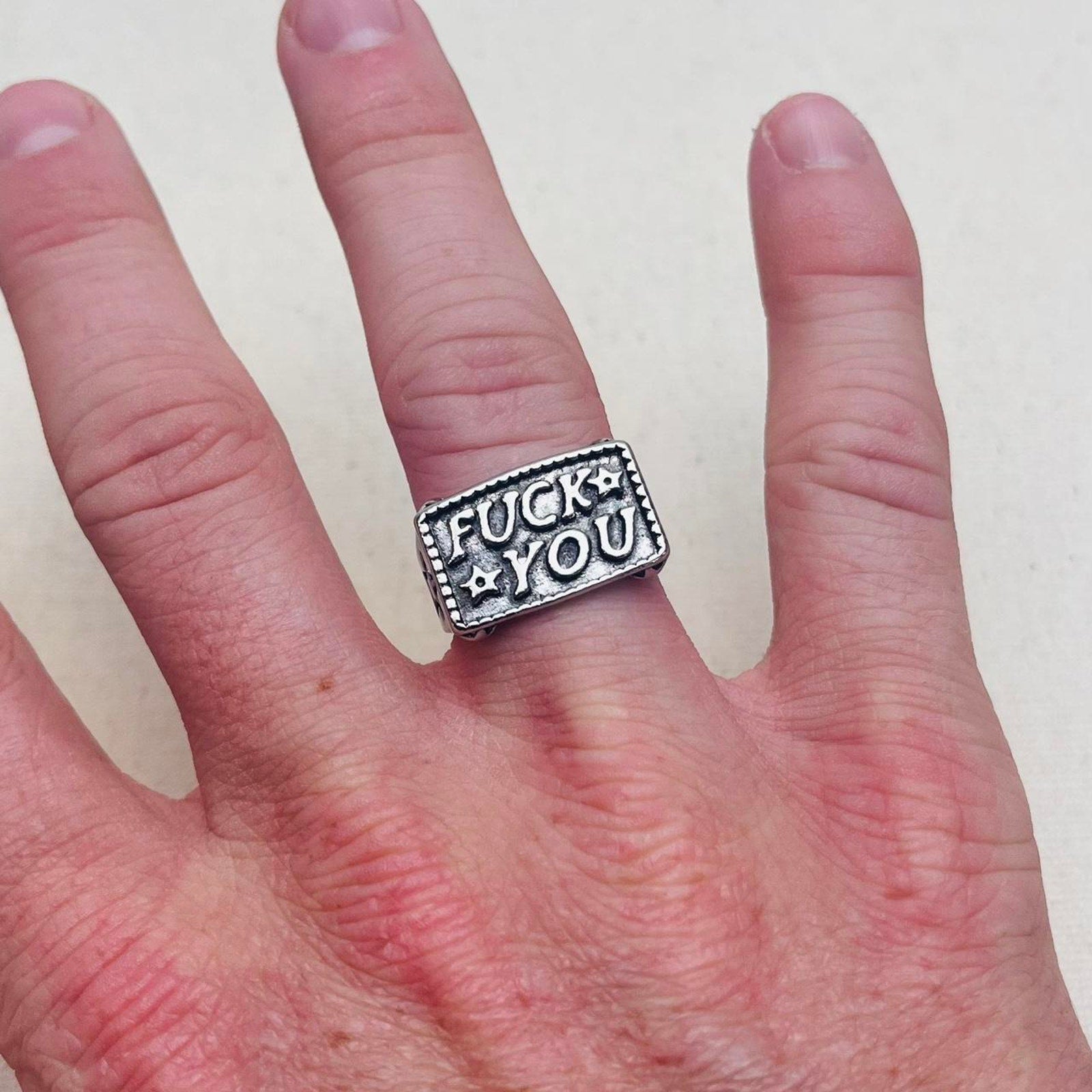 Silver Block Text Ring