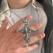 Y2K Silver Gothic Cross Necklace 20 Inch Unisex Pendant Streetwear Style