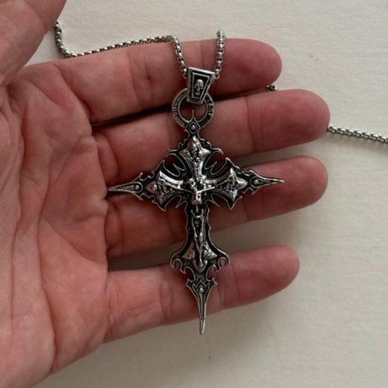 Y2K Silver Gothic Cross Necklace 20 Inch Unisex Pendant Streetwear Style