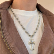 Silver Beaded Cross Pendant Necklace